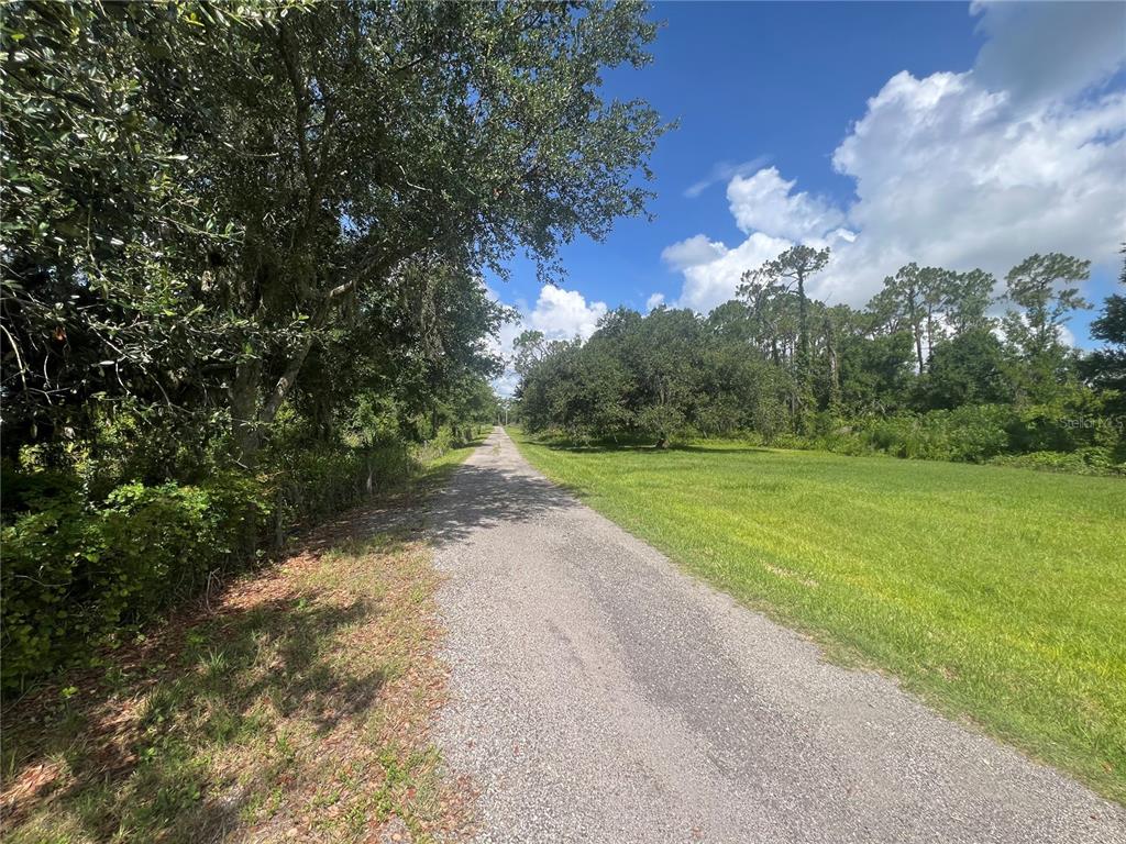 A gravel road runs alongside a grassy field bordered by trees under a blue sky — 8755 WAUCHULA ROAD, MYAKKA CITY, FL