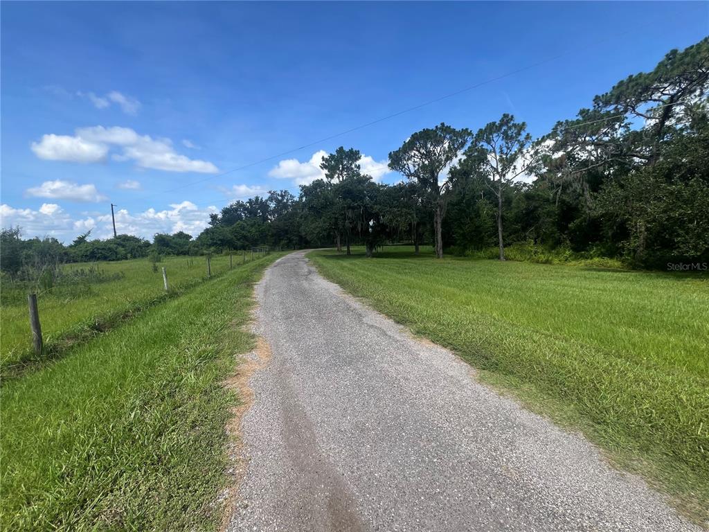 A gravel driveway curves through a grassy field lined with trees under a blue sky — 8755 WAUCHULA ROAD, MYAKKA CITY, FL