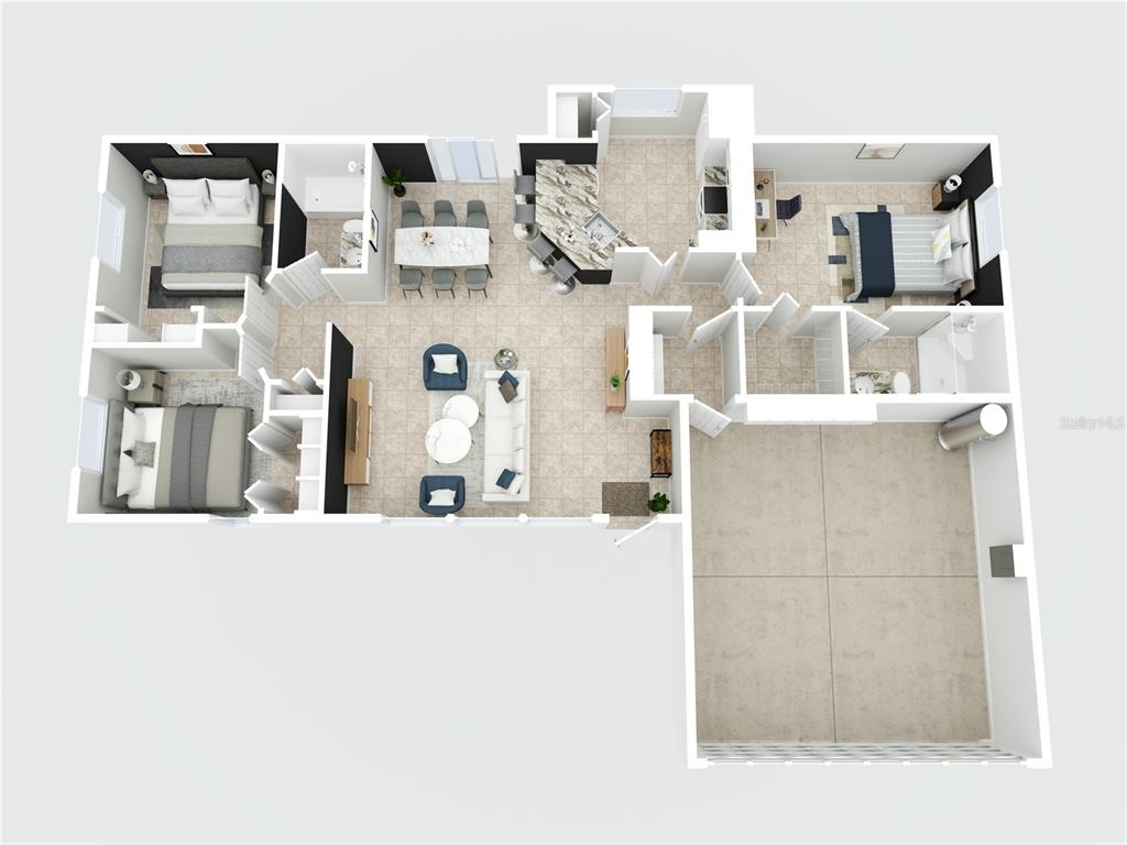 This 3D floor plan shows a three-bedroom home with an open living area and garage — 8457 BRISTOL AVENUE, NORTH PORT, FL