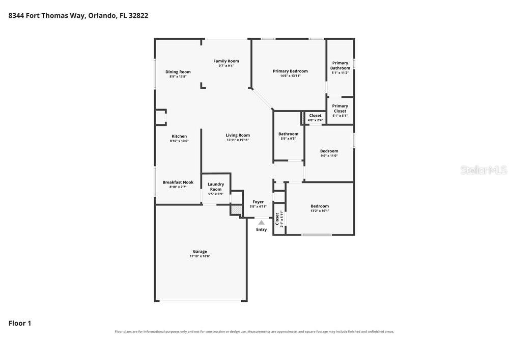 This is a floor plan showing the layout of a single-story residential home — 8344 FORT THOMAS WAY, ORLANDO, FL