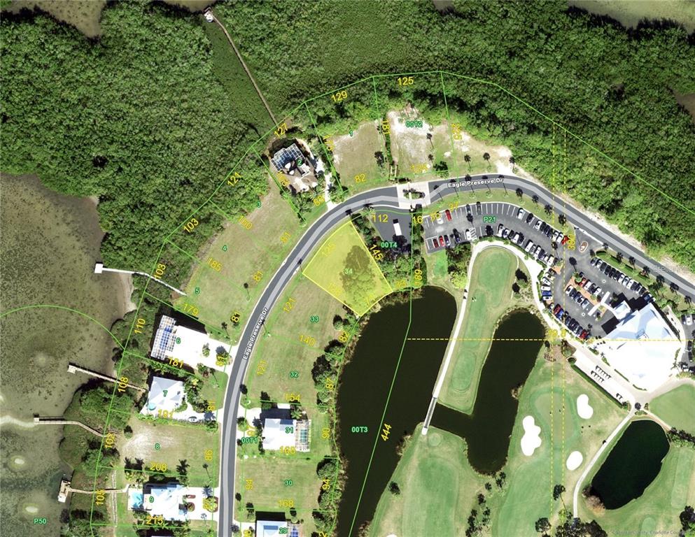 This is an aerial map showing a residential lot highlighted in yellow near a golf course — 9720 EAGLE PRESERVE DRIVE, ENGLEWOOD, FL