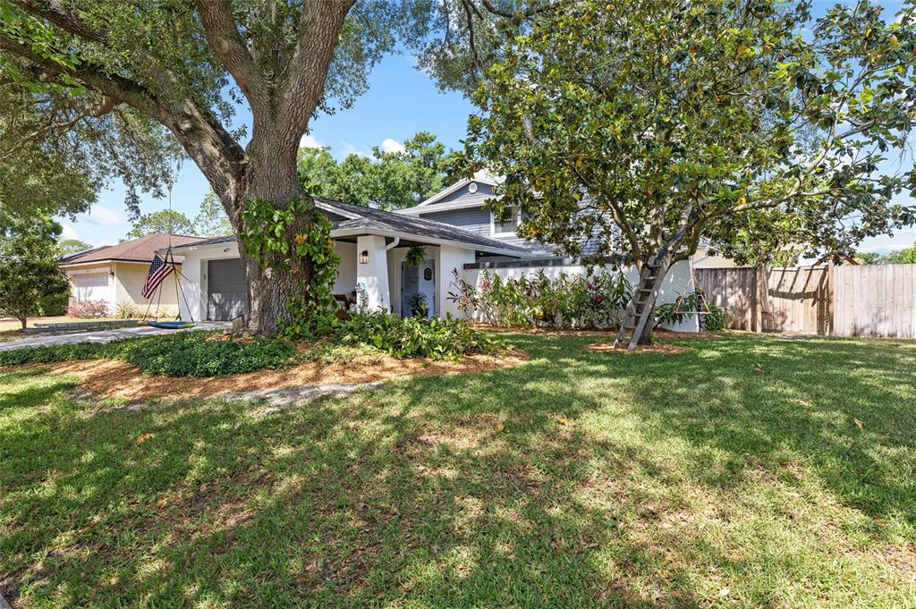 A two-story house with a large tree in the front yard and a wooden ladder — 15620 GARDENSIDE LANE, TAMPA, FL