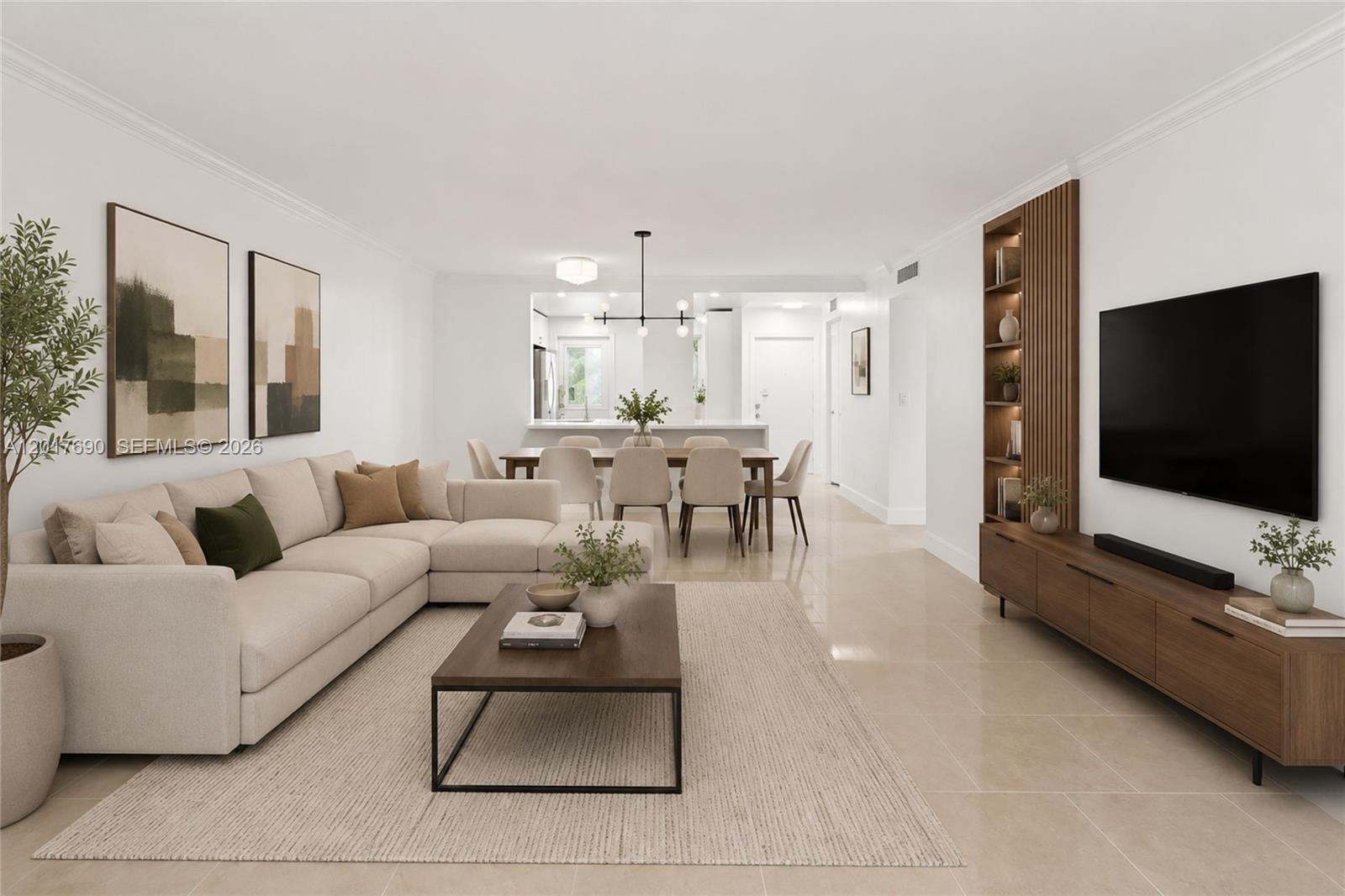 This is a rendering of an open-concept living and dining area with neutral furnishings — 319 NE 14TH AVE # 201, Hallandale Beach FL 33009, HALLANDALE BEACH, FL