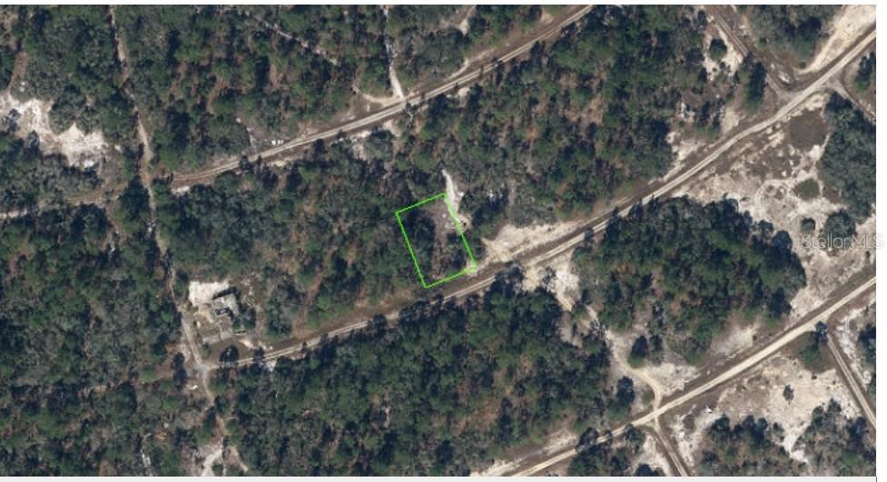An aerial view shows a rectangular plot of land outlined in green amidst wooded terrain — 388 STARDUST AVENUE, LAKE PLACID, FL