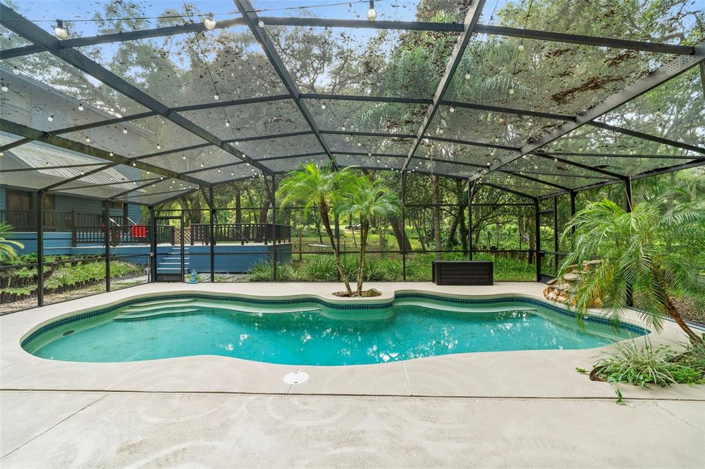 A swimming pool with a screen enclosure sits on a patio next to a house — 1268 MCGREGOR ROAD, DELAND, FL