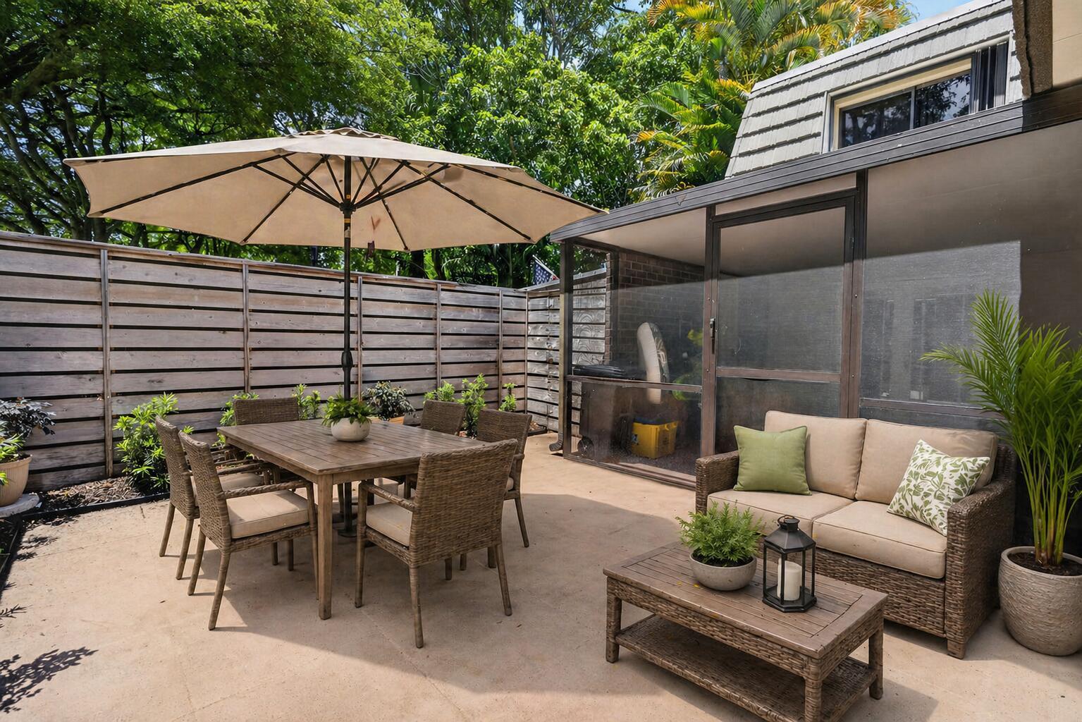 A patio features a dining set under an umbrella, a sofa, and a screened enclosure — 527 5th Terrace, Palm Beach Gardens FL 33418, PALM BEACH GARDENS, FL