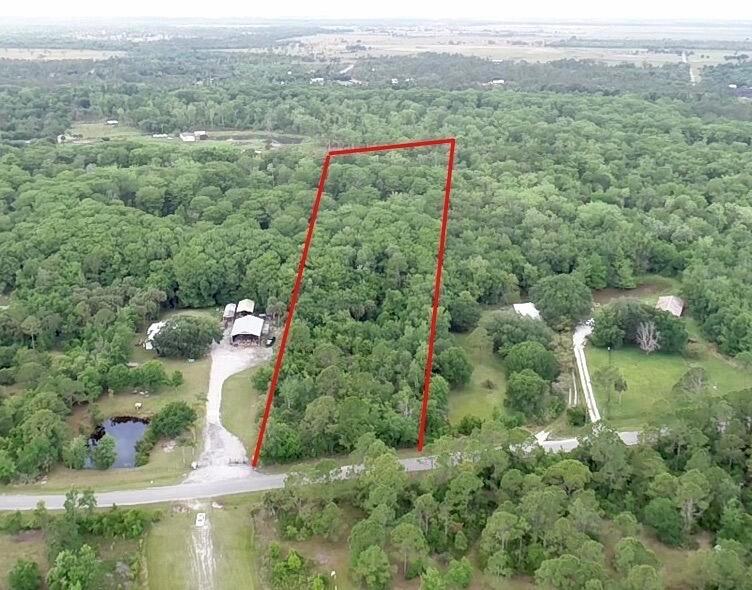 An aerial view shows a wooded lot outlined in red next to a gravel driveway — 1465 NE 342nd Trail, Okeechobee FL 34972, OKEECHOBEE, FL