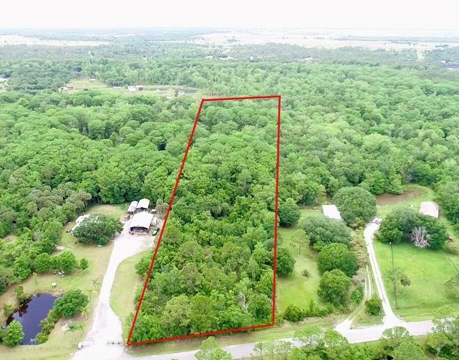 An aerial view shows a rectangular plot of wooded land outlined in red — 1465 NE 342nd Trail, Okeechobee FL 34972, OKEECHOBEE, FL
