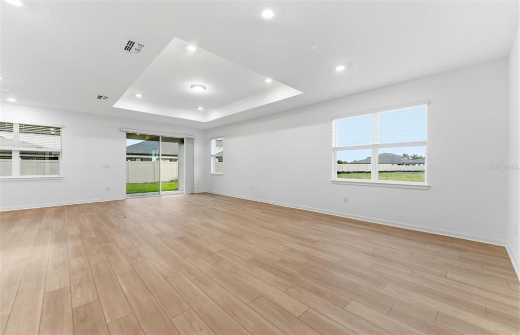 A bright, empty living room features light wood-look flooring, white walls, and a tray ceiling — 6607 ASBURY BARNES LANE, WESLEY CHAPEL, FL