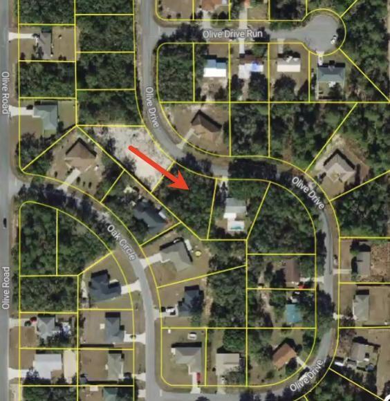 This is a satellite map view showing a vacant residential lot marked by a red arrow — 26 Olive Drive, Ocala FL 34472, OCALA, FL