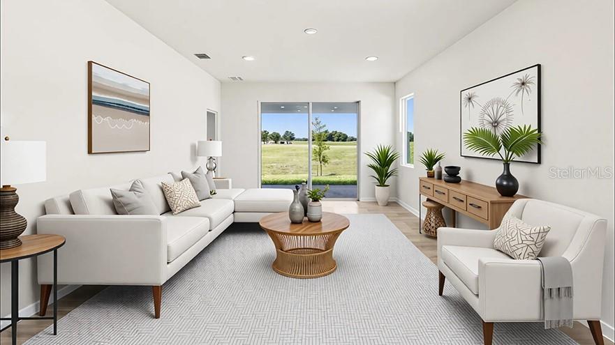 This is a digital rendering of a modern living room with neutral furniture and sliding doors — 4015 NW 44TH CIRCLE, OCALA, FL