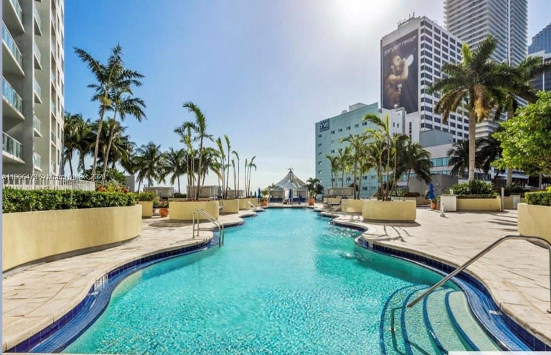 An outdoor swimming pool surrounded by a stone deck, palm trees, and high-rise buildings — 253 NE 2nd St # 632, Miami FL 33132, MIAMI, FL
