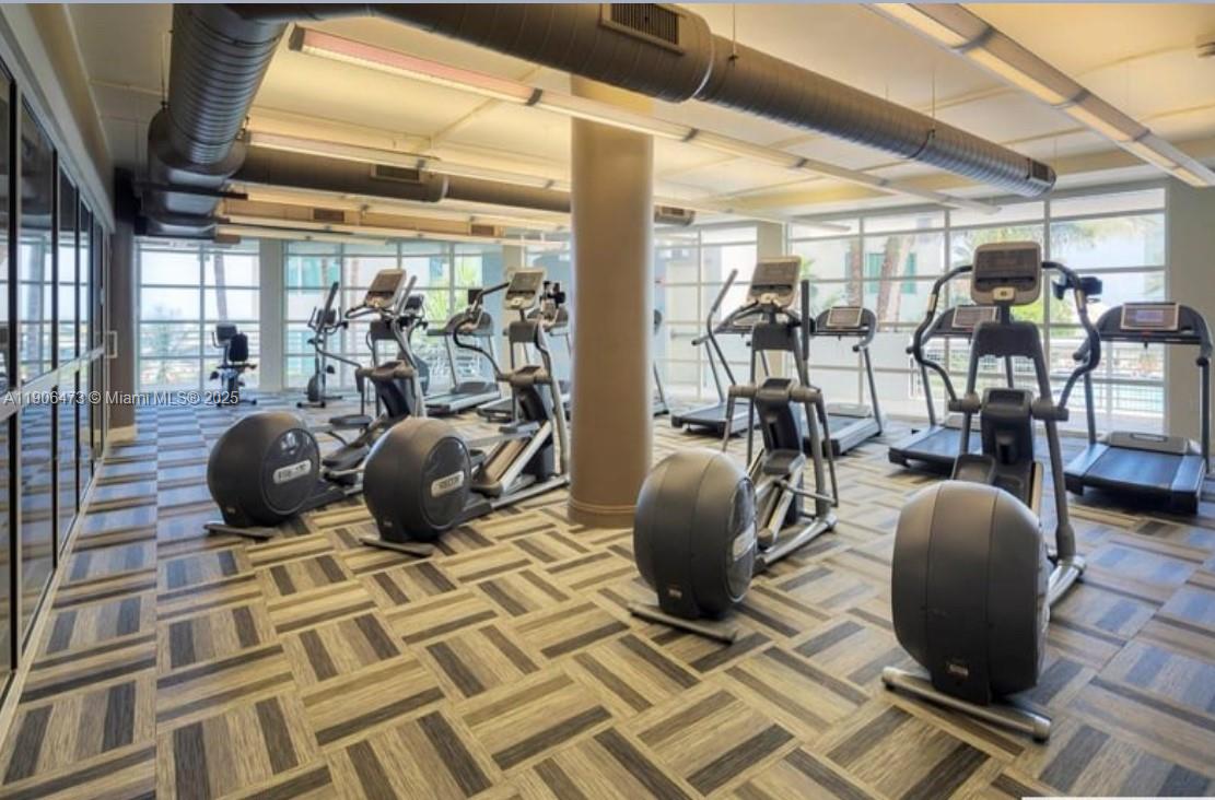 A gym features several elliptical machines and treadmills on a patterned floor with large windows — 253 NE 2nd St # 632, Miami FL 33132, MIAMI, FL