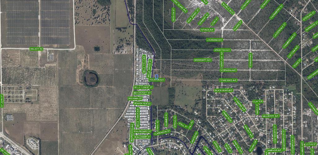 This is a satellite map view showing a residential area with street names overlaid — 502 HOUSTON AVENUE, LAKE PLACID, FL