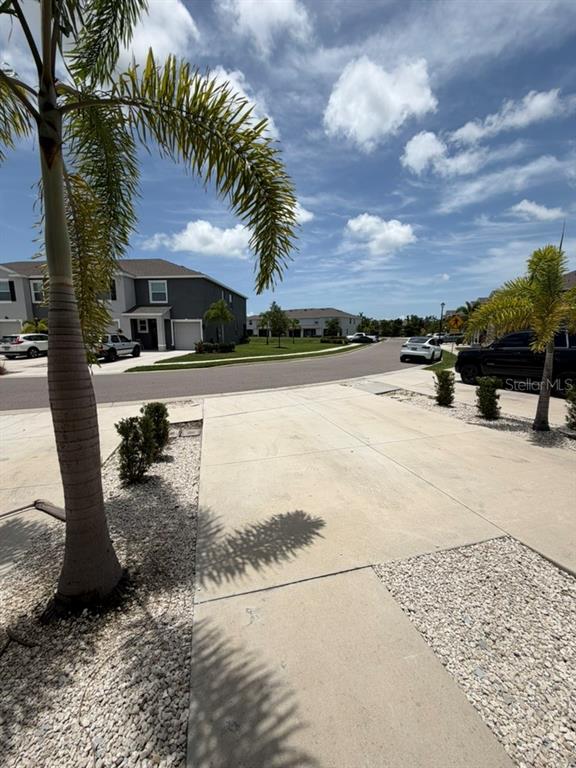 A concrete driveway leads toward a street in a residential neighborhood with palm trees — 8920 MILESTONE DRIVE, SARASOTA, FL