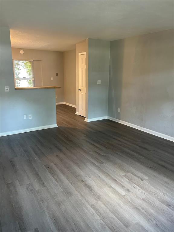 An interior view shows a living area with gray wood-look flooring and a pass-through kitchen — 2212 SE 36TH TERRACE UNIT A, GAINESVILLE, FL