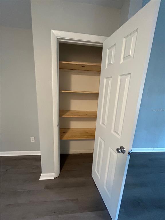 A white six-panel door opens to a closet with four unfinished wooden shelves — 2212 SE 36TH TERRACE UNIT A, GAINESVILLE, FL