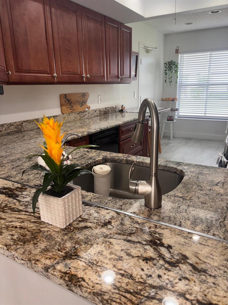 A kitchen features dark wood cabinets, granite countertops, a stainless steel sink, and a faucet — 6285 Tall Cypress Circle, FL 33463, FL