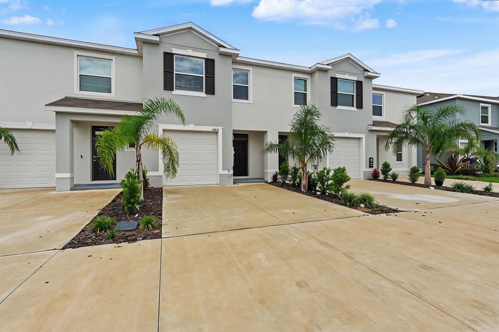 A row of two-story townhouses with beige stucco exteriors, white garage doors, and palm trees — 32612 TURTLE GRACE LOOP, WESLEY CHAPEL, FL