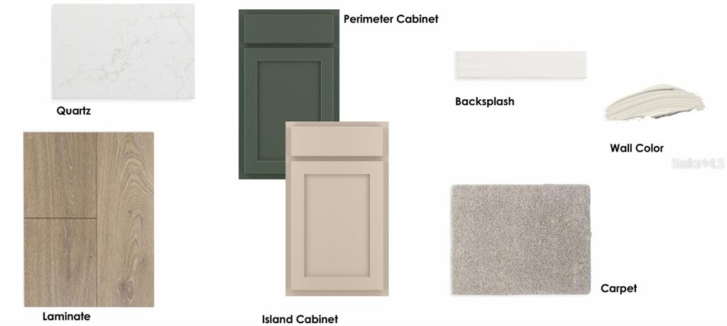 This design board displays samples of quartz, cabinets, backsplash, wall paint, laminate flooring, and carpet — 5617 COOPERS HAWK CT, ST CLOUD, FL