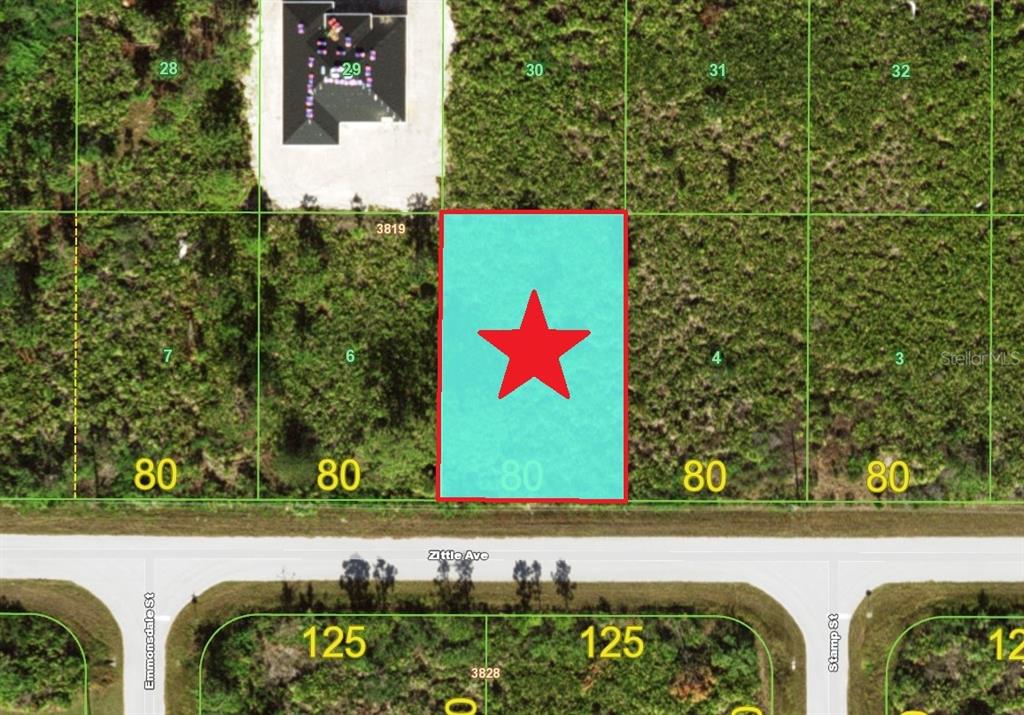 This is a map showing a highlighted rectangular plot of land along a road — 12154 ZITTLE AVENUE, PORT CHARLOTTE, FL