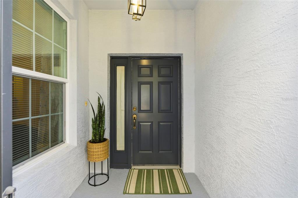 A dark gray front door with a side window sits on a covered porch — 11214 PORT DOUGLAS DRIVE, NEW PORT RICHEY, FL