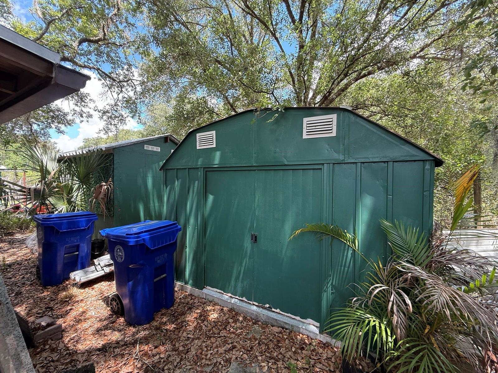 A green metal storage shed sits on a leaf-covered yard near two blue trash bins — 18561 NW 306th Street, Okeechobee FL 34972, OKEECHOBEE, FL