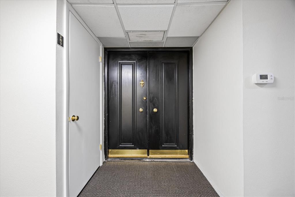 A hallway features a set of black double doors and a smaller adjacent white door — 100 OAKMONT LANE UNIT 101, BELLEAIR, FL