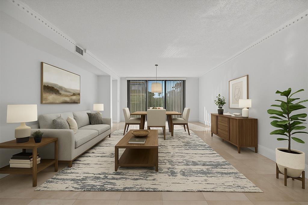This is a virtually staged living and dining room with neutral walls and tile flooring — 100 OAKMONT LANE UNIT 101, BELLEAIR, FL