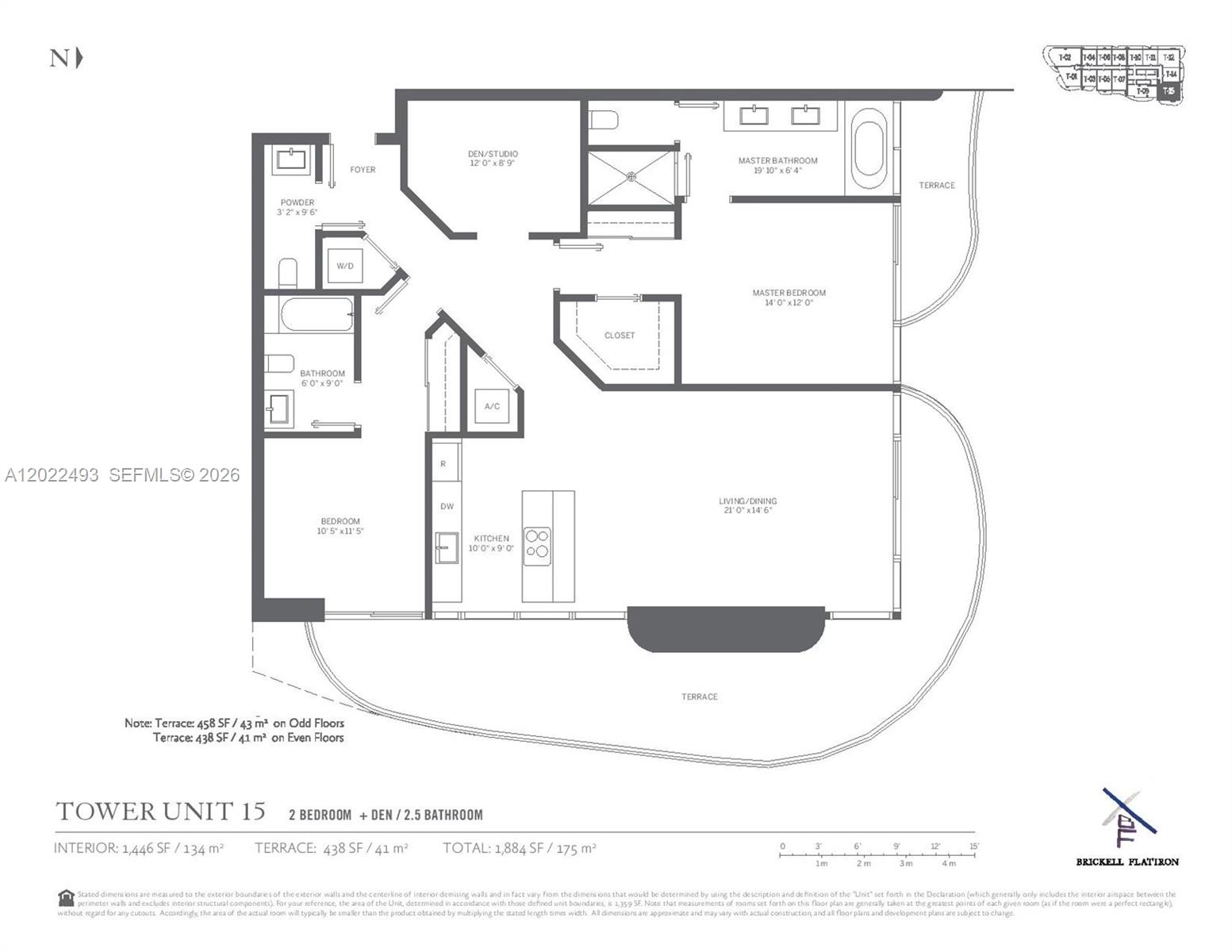 This floor plan shows a two-bedroom, two-and-a-half-bathroom unit with a den and two terraces — 1000 Brickell Plz # 2715, Miami FL 33131, MIAMI, FL