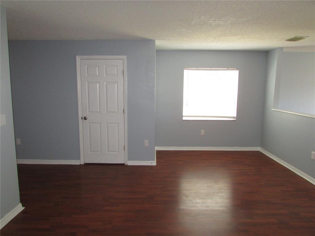 An empty room features light blue walls, dark wood-look flooring, and a single white door — 8532 EDGEWATER PLACE BOULEVARD, TAMPA, FL