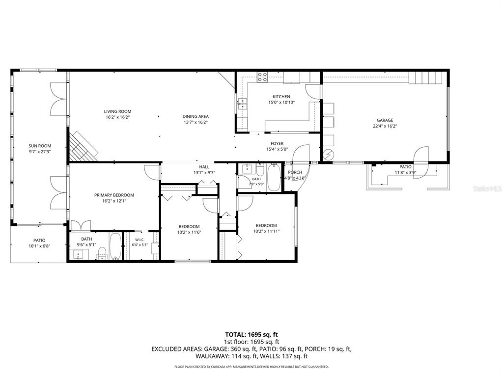 This is a floor plan showing the layout of a single-story house with three bedrooms — 1598 NW 19TH CIRCLE, GAINESVILLE, FL