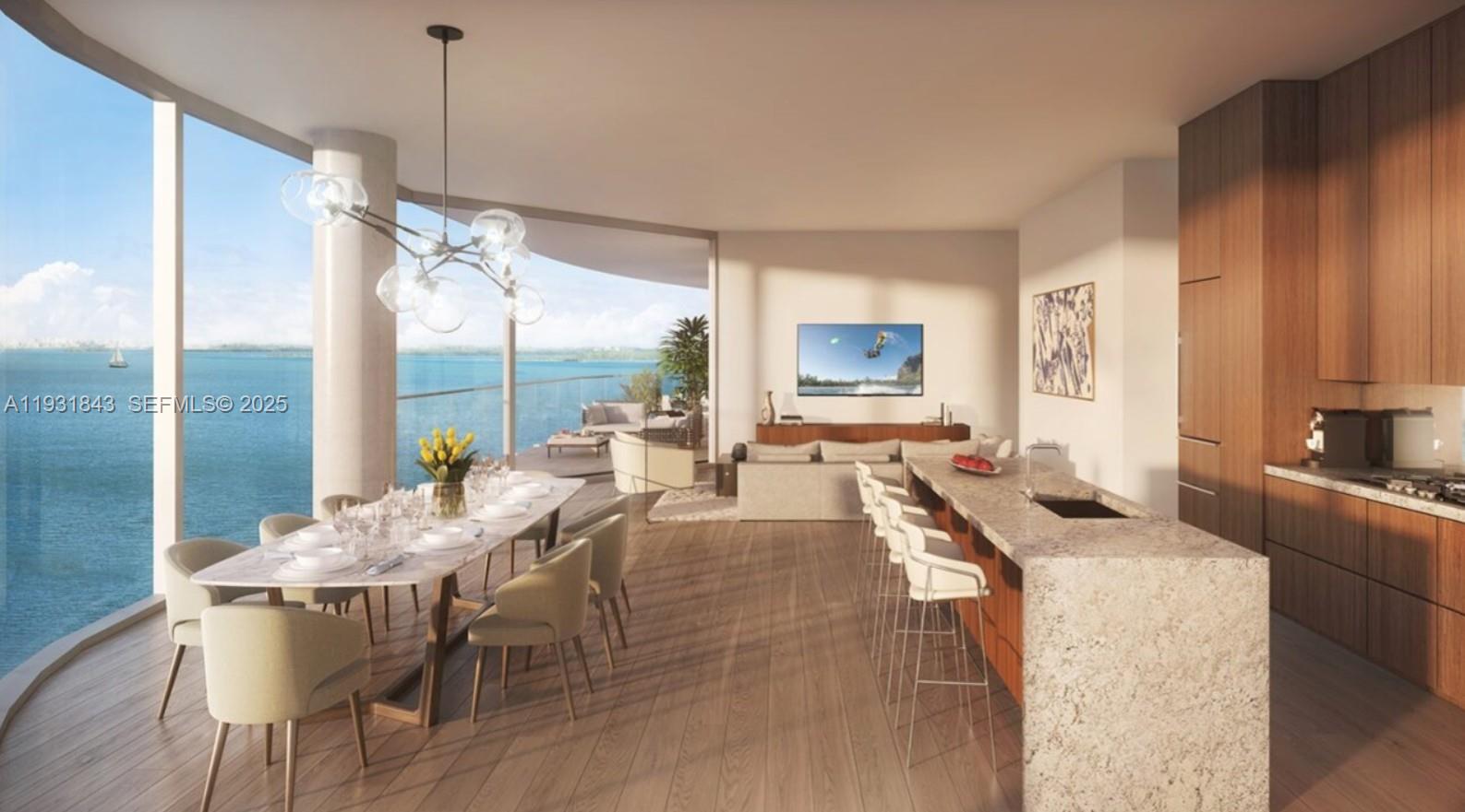 This rendering shows an open-concept living and dining area with floor-to-ceiling windows overlooking the ocean — 175 SE 25th Rd # 4201, Miami FL 33129, MIAMI, FL