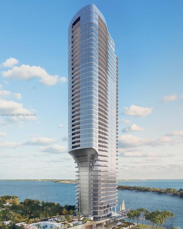 This is a rendering of a modern, glass-clad skyscraper with a flared, cantilevered midsection — 175 SE 25th Rd # 4201, Miami FL 33129, MIAMI, FL