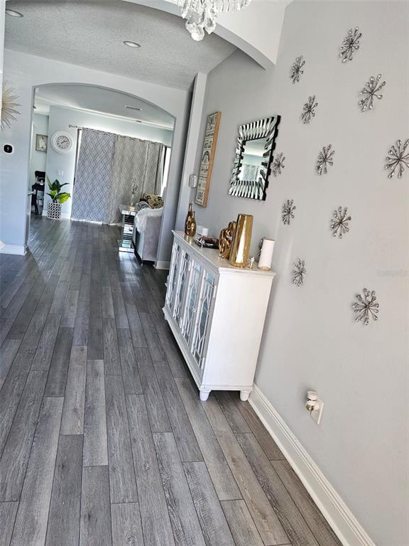 A hallway with gray wood-look flooring leads to an arched entryway into a living area — 12860 SATIN LILY DRIVE, RIVERVIEW, FL