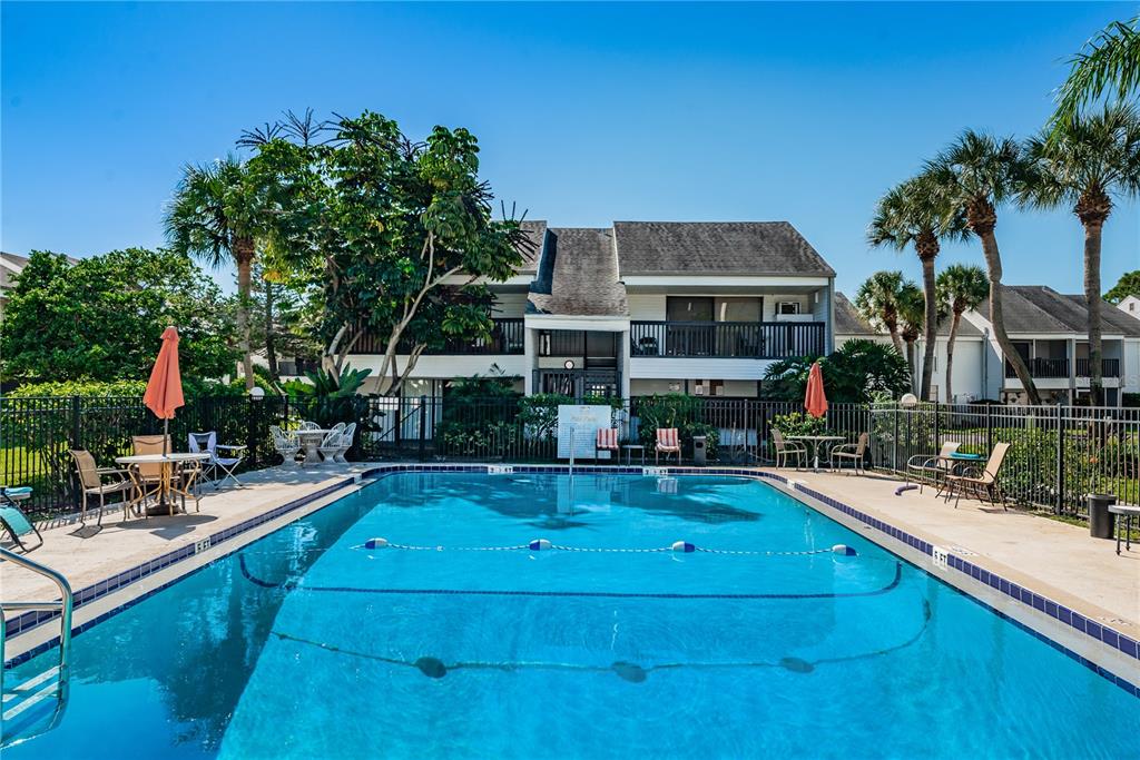 A rectangular swimming pool sits in front of a two-story apartment building with palm trees — 743 HAVEN PLACE UNIT 743, TARPON SPRINGS, FL