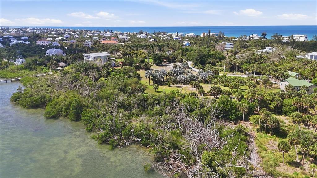 An aerial view shows a coastal property with dense vegetation, a dock, and nearby houses — 10450 SUNNY DREAMS TERRACE, PLACIDA, FL