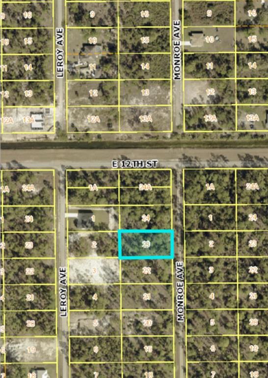 This is a satellite map view showing a highlighted vacant lot in a residential area — 1121 MONROE AVENUE, LEHIGH ACRES, FL