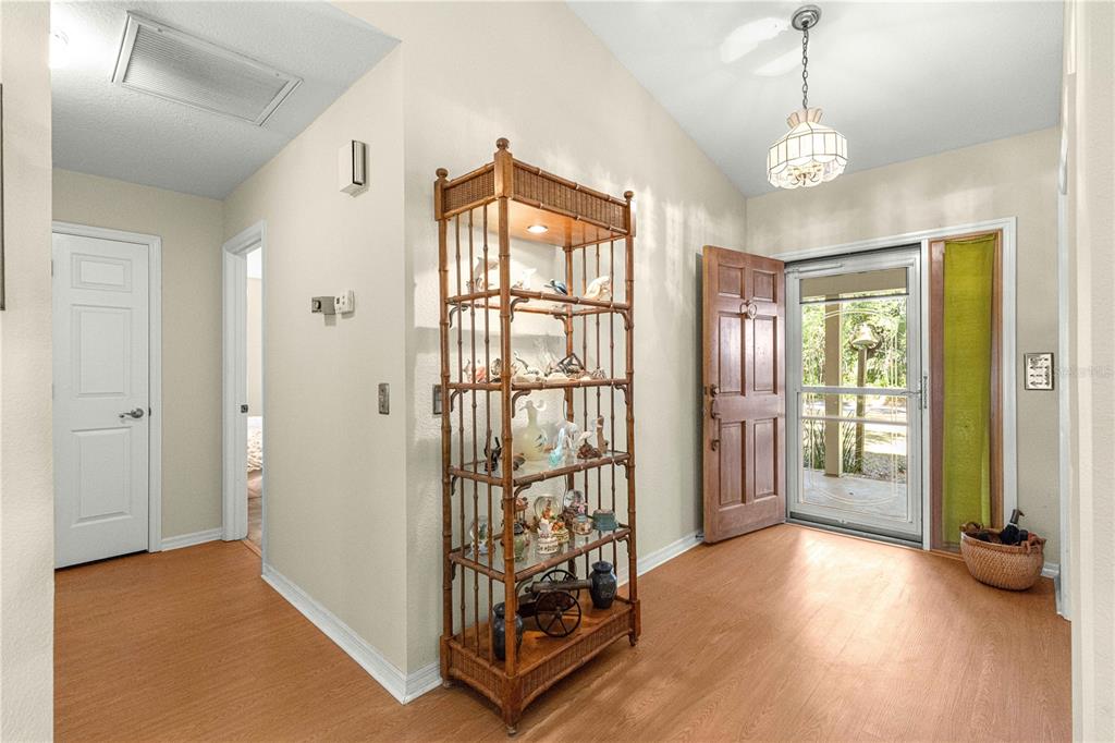 An entryway features wood-look flooring, a tall bamboo display shelf, and a wooden front door — 3644 SE 22ND AVENUE, OCALA, FL