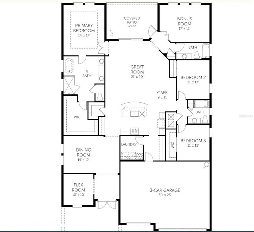This is a floor plan for a single-story house with three bedrooms and a garage — 7413 SEA MANATEE STREET, PARRISH, FL