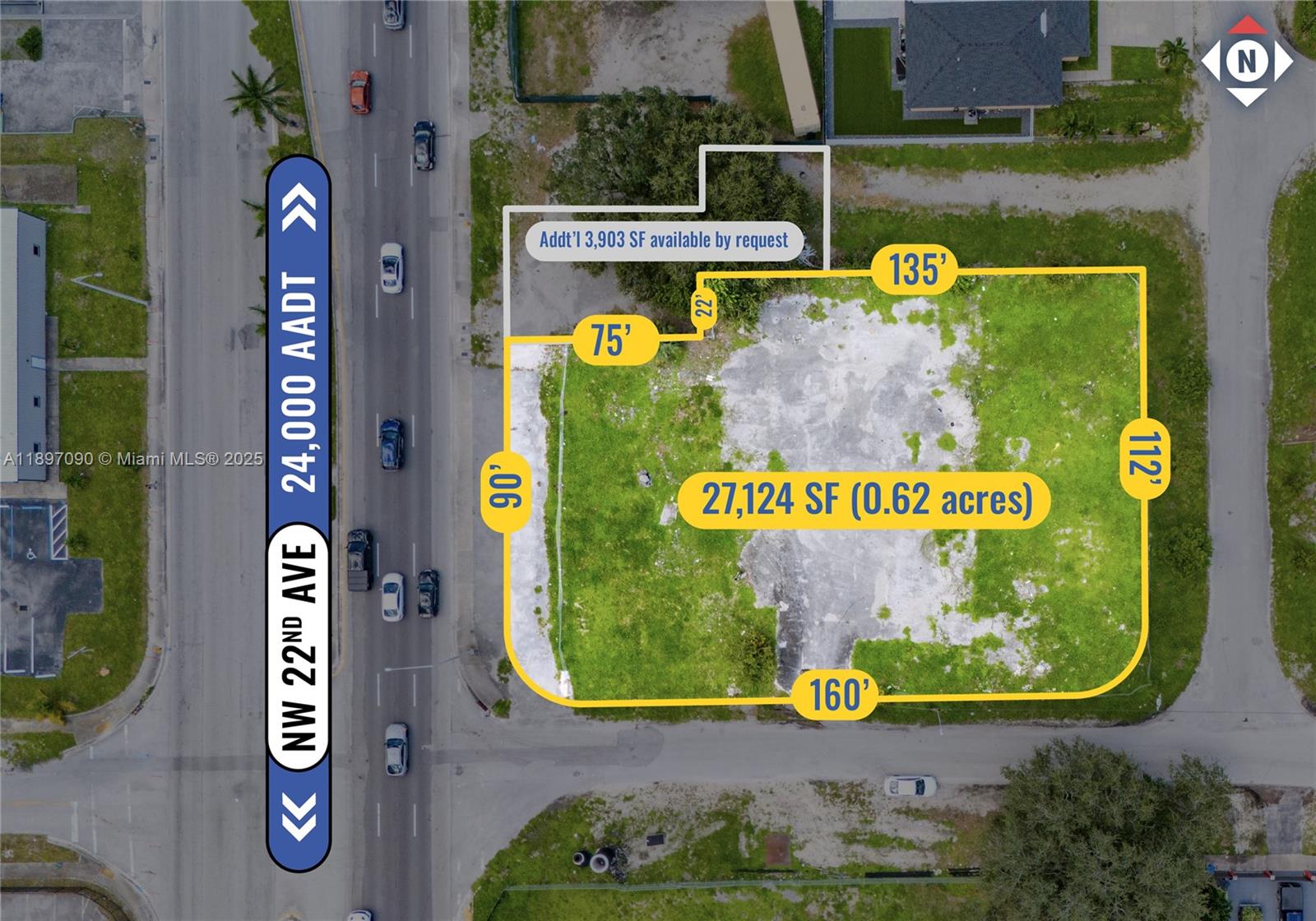 This is an aerial map showing a vacant lot with dimensions and square footage labeled — 8901 NW 22nd Ave, Miami FL 33147, MIAMI, FL