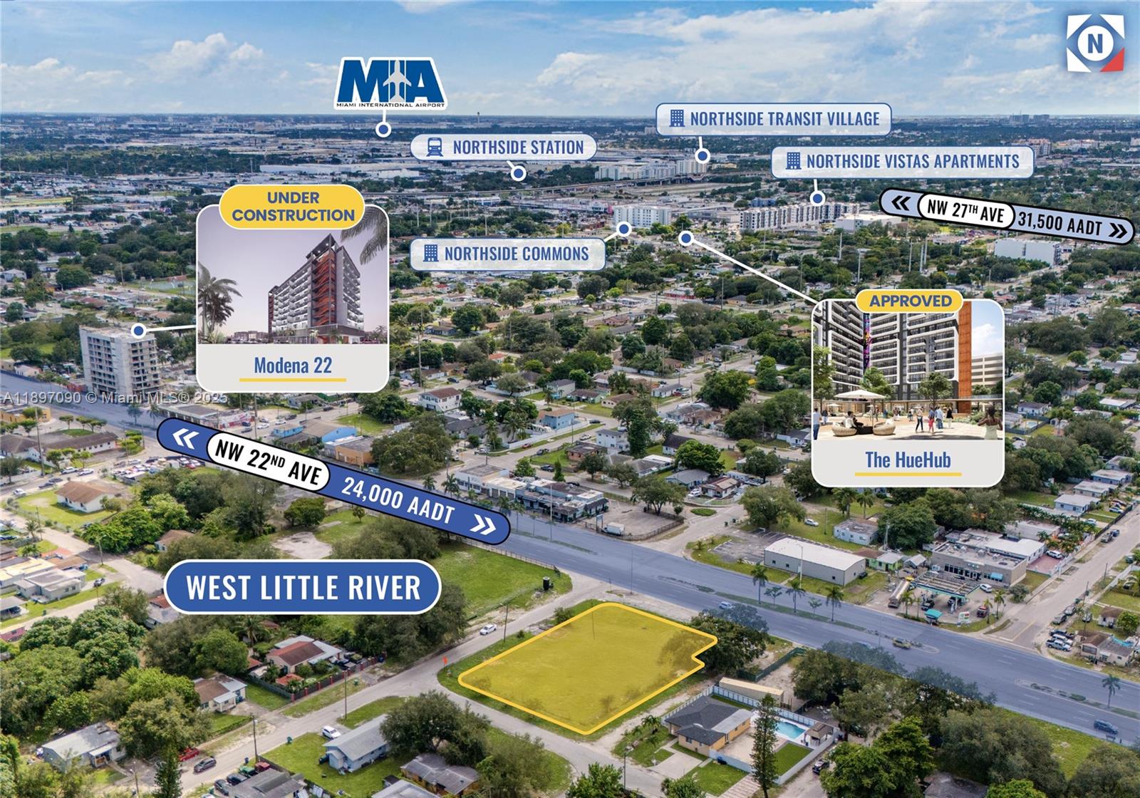 This aerial map shows a vacant lot highlighted in yellow near urban developments and roads — 8901 NW 22nd Ave, Miami FL 33147, MIAMI, FL