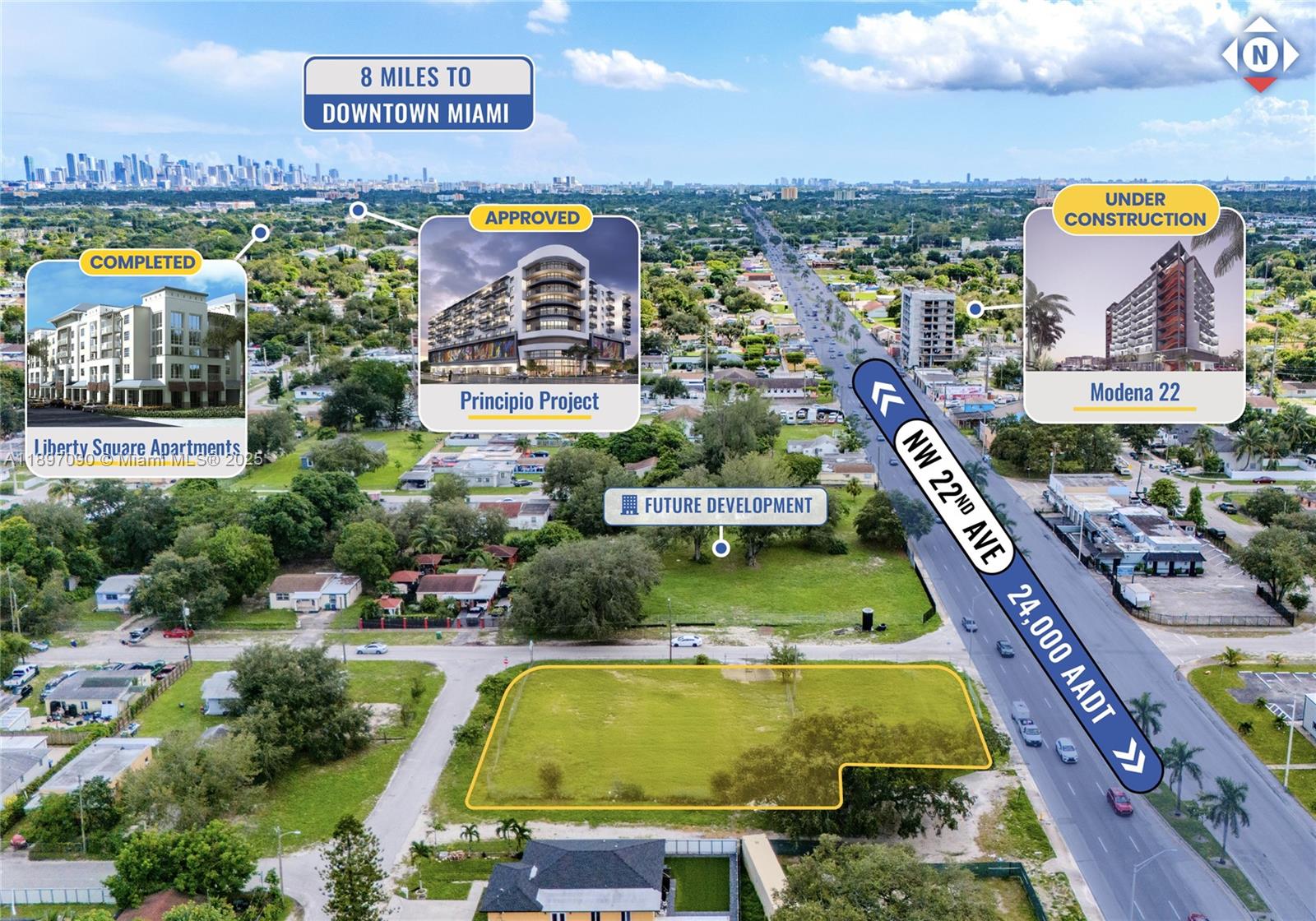 This aerial rendering shows a vacant lot for future development along a busy roadway — 8901 NW 22nd Ave, Miami FL 33147, MIAMI, FL
