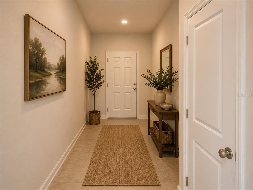 A bright entryway features a white front door, a console table, and wall art — 8731 SPORTSMAN LOOP, GROVELAND, FL