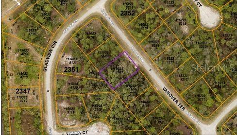 An aerial map view shows a vacant, wooded residential lot outlined in purple — VANOVER TERRACE, NORTH PORT, FL