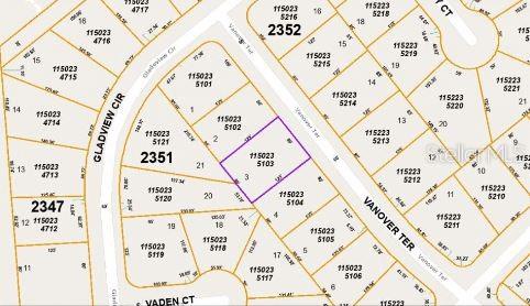 This is a property map showing a highlighted parcel of land located between two streets — VANOVER TERRACE, NORTH PORT, FL