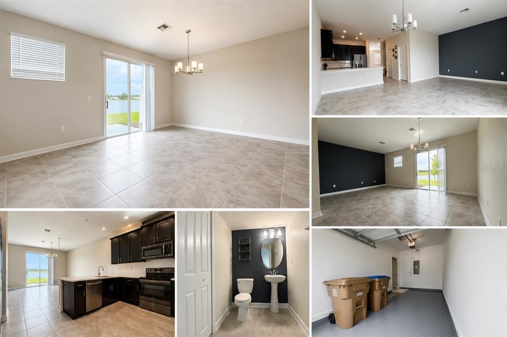This collage shows a home interior with a kitchen, dining area, bathroom, and garage — 4836 TRIBUTE TRAIL, KISSIMMEE, FL