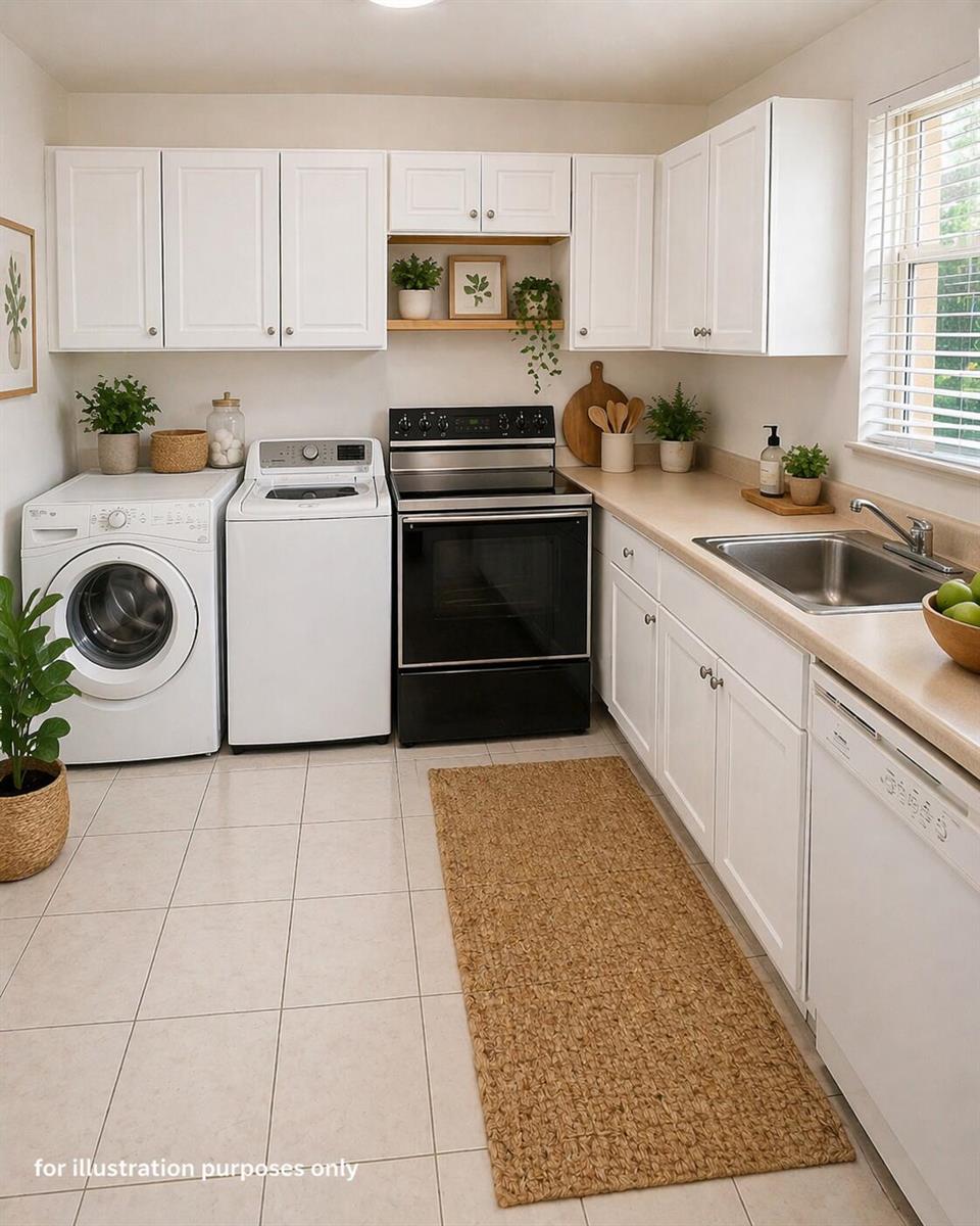 This is a rendering of a kitchen featuring white cabinets, a stove, and laundry appliances — 4317 Cocoanut Road, West Palm Beach FL 33406, WEST PALM BEACH, FL