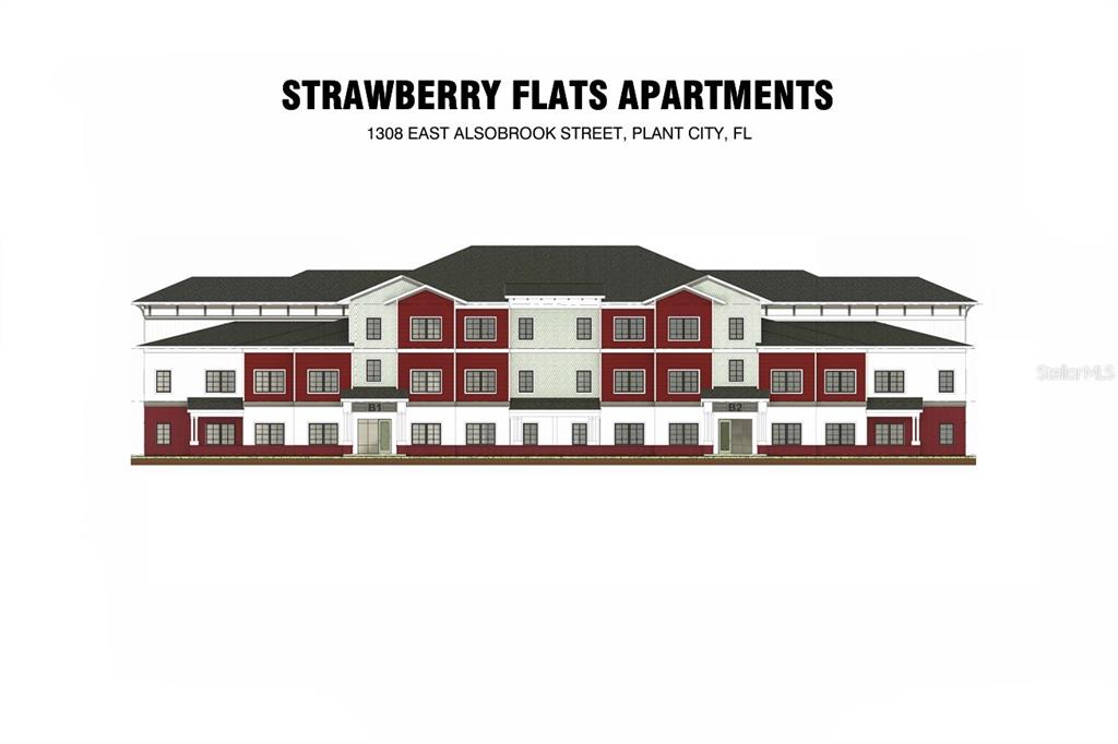 This is a digital architectural rendering of a three-story apartment building exterior — 1308 E ALSOBROOK STREET, PLANT CITY, FL