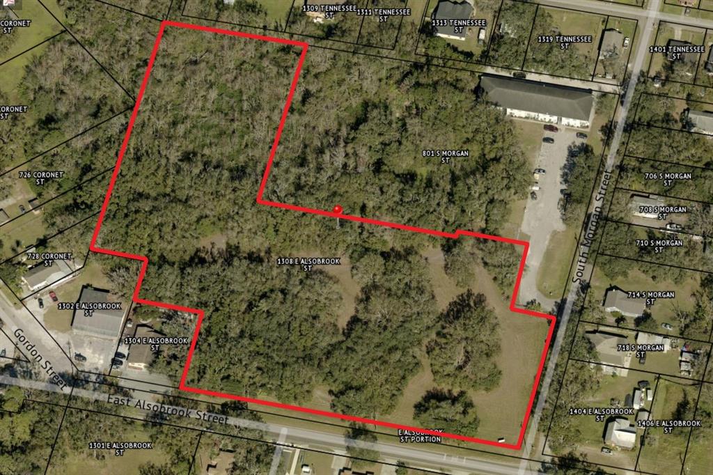 This is an aerial map showing a vacant, wooded lot outlined in red — 1308 E ALSOBROOK STREET, PLANT CITY, FL